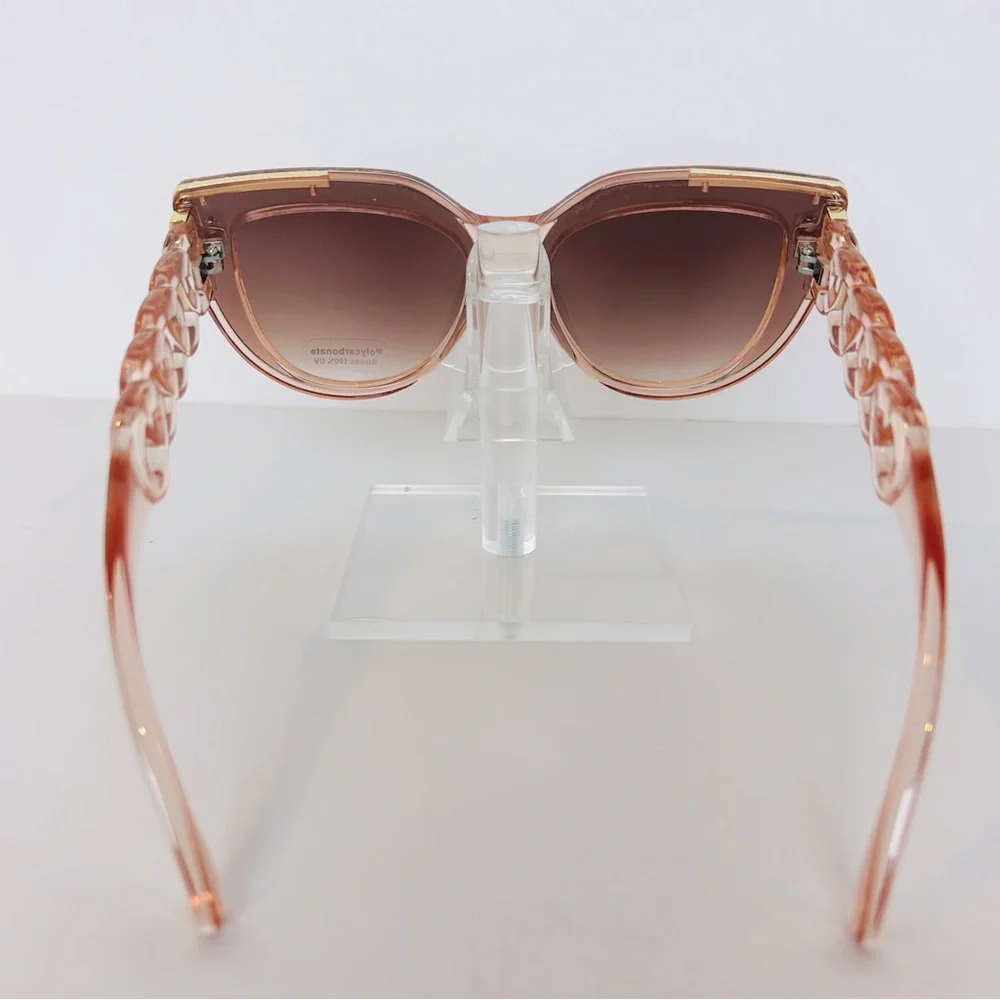 Sunglasses Pink Clear Frame Brown Lens W/Round Link Design Gold Trim Cat Eye NEW